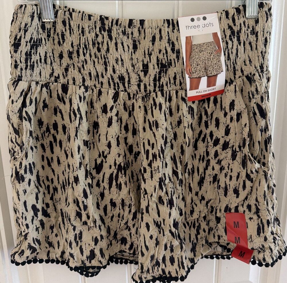 Three Dots Sz Medium Smocked Waist Leopard Shorts Crochet Hems Boho